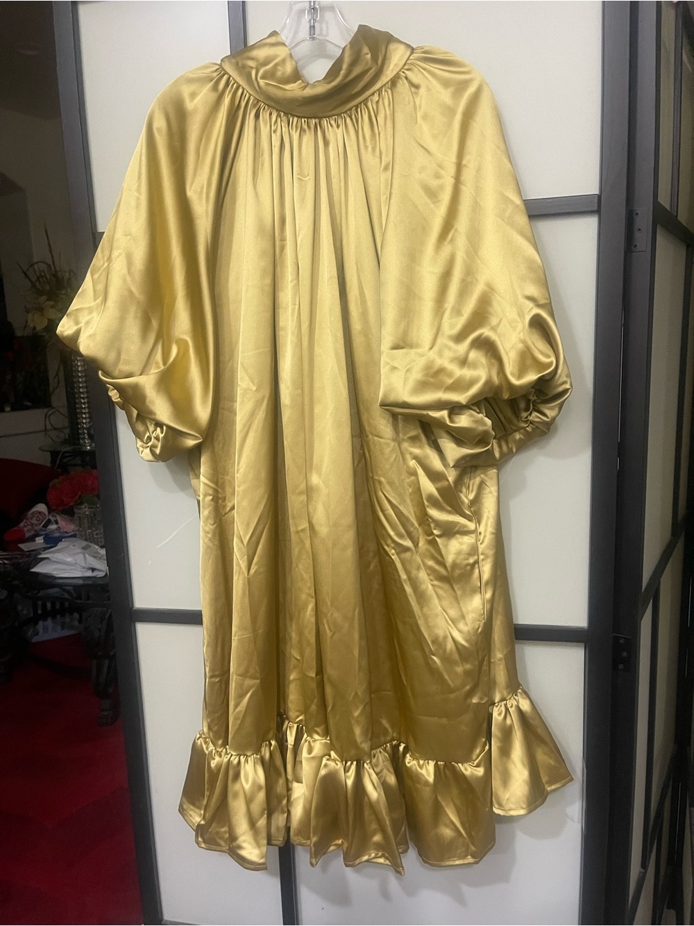 Satin Gold Midi Dress with Ruffle Hem